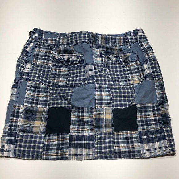 LOFT Dresses & Skirts - LOFT Patchwork Skirt Women Sz 12 Blue Madras Lined Zipper Button Pockets Preppy